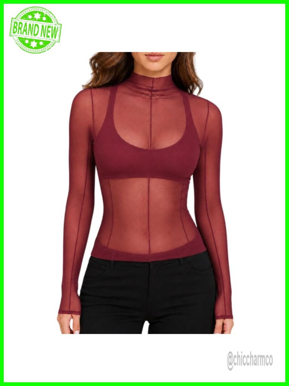 Mesh Long Sleeve Mock Neck Sheer See Through Tee Party Club Blouse